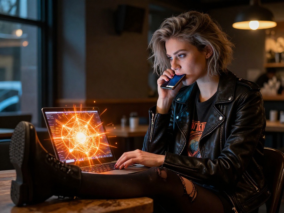 Девушка с ноутбуком проверяет калькулятор комиссий TRON в кофейне