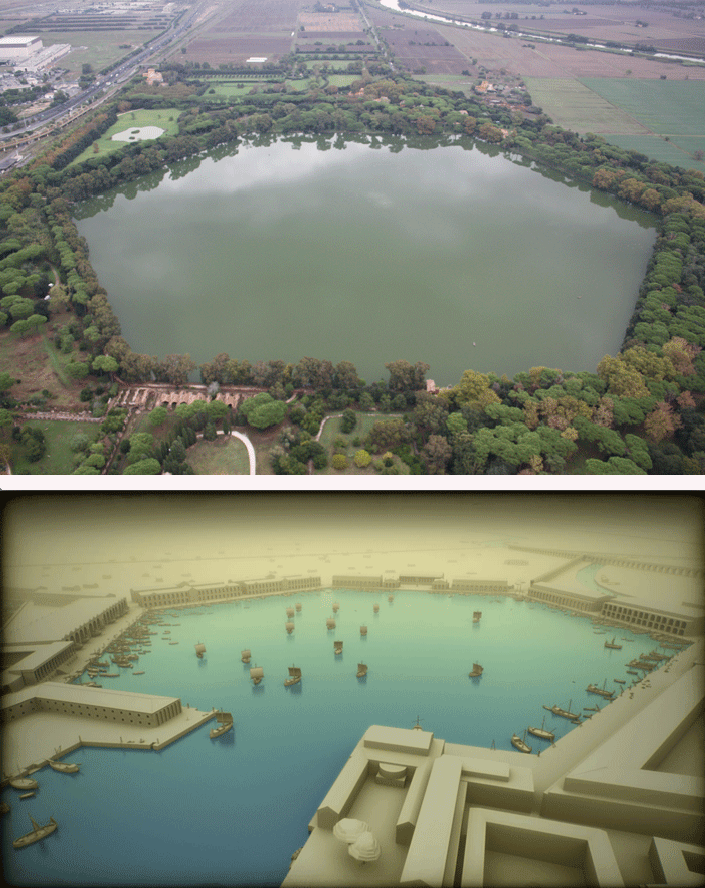 В центре новой гавани Траяна находился еще один искусственно вырытый бассейн к востоку от существующего бассейна Клавдия