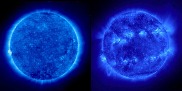 Солнце рассматривается в экстремальном ультрафиолетовом диапазоне (EUV) со сравнением солнечного минимума (слева) и максимума (справа)